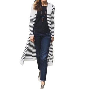 Cabi Victory Duster Cardigan Open front Striped Long Sweater White Navy Sz S